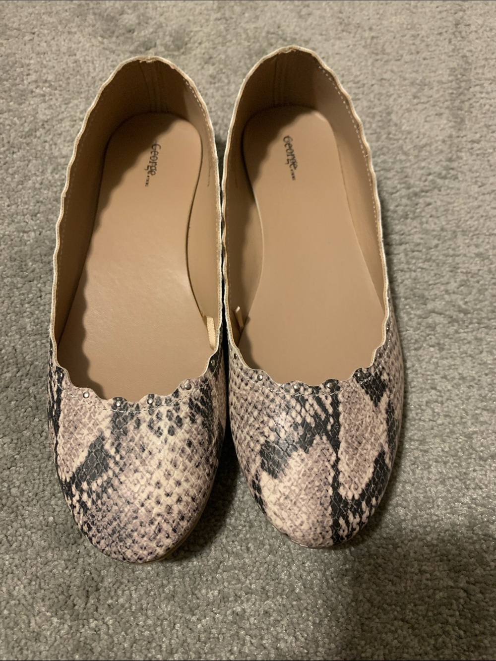 George Snake-Print Scalloped Edge Ballet Flats in Neutral Tones